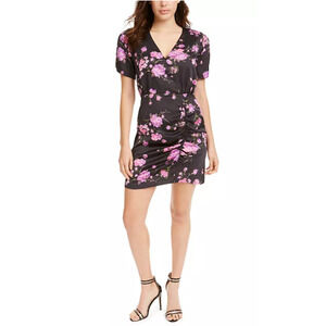 NEW LEYDEN Black Floral Satin Ruched Wrap Dress Short Sleeve Size M 3372